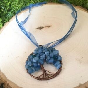 Blue wire wrapped tree of life necklace
